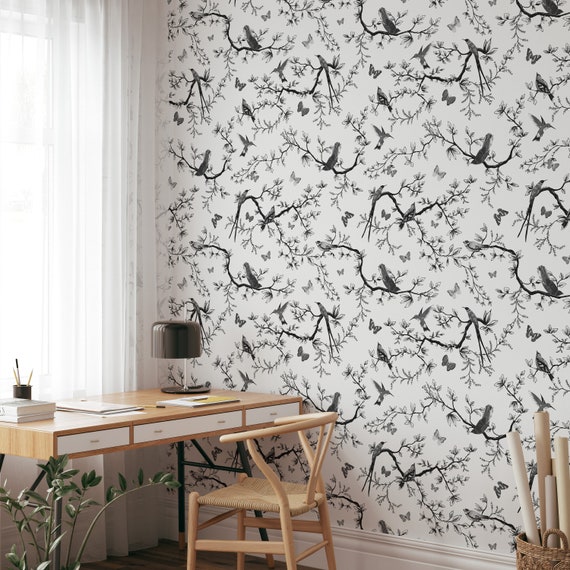 Monochromatic Art Black and white Bird and Butterfly Wallpaper for Children Room Decor, Sparrow Wall Decor