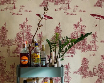 Alien Toile Wallpaper in Red Burgundy, Surreal UFO and Forest Design, Vintage Sci Fi Statement Wall, Weird Toile Pattern