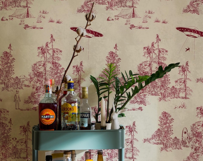 Alien Toile Wallpaper in Red Burgundy, Surreal UFO and Forest Design, Vintage Sci Fi Statement Wall, Weird Toile Pattern