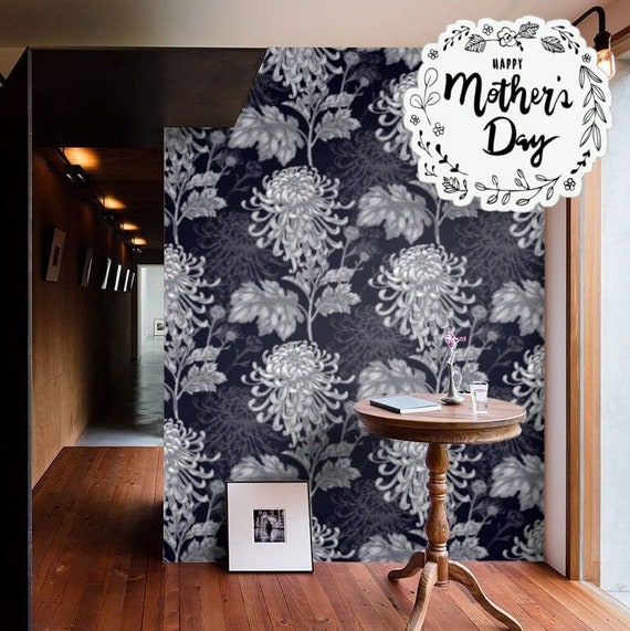 Asian Wallpaper with Chrysanthemum Floral in Blue and White, Feng Shui for Living Room Decor