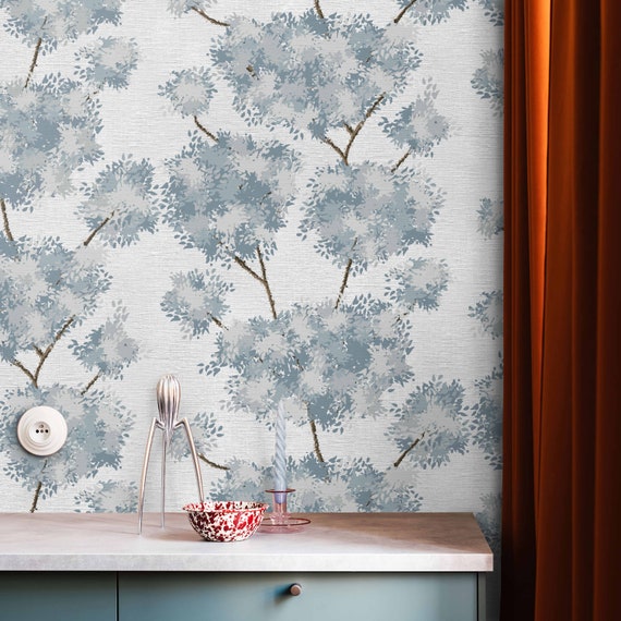 Blue Botanical Tree Wallpaper, Grasscloth Forest Wall Decor, Relaxing decor, Foliage Wall Art