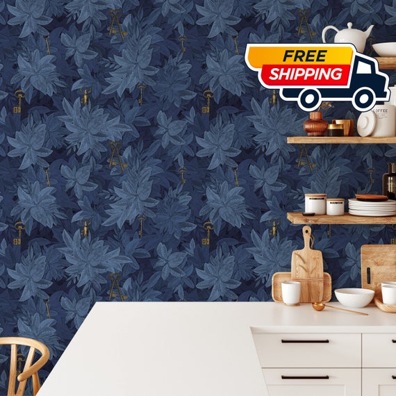 Blue Ivy Leaves Wallpaper, Hedge Wallpaper with Gold Keys, Dark Hedges Wall Mural