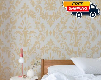 Vintage Grunge Damask Wallpaper, Yellow and White Victorian Home Decor for aesthetic room decor