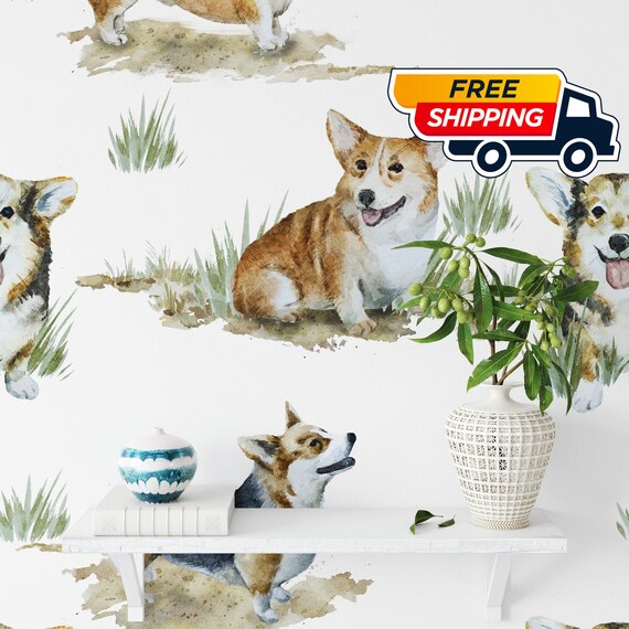 Cute Corgi Dog Wallpaper, Watercolor Corgis Nursery Decor