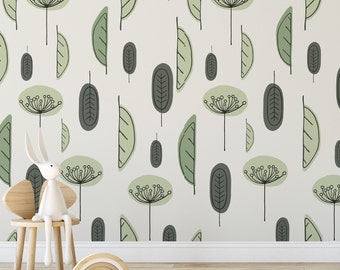 Green Leaves Abstract Wallpaper, Pastel Wallpaper for Kids, Forest Nursery Simple Wall Decoration