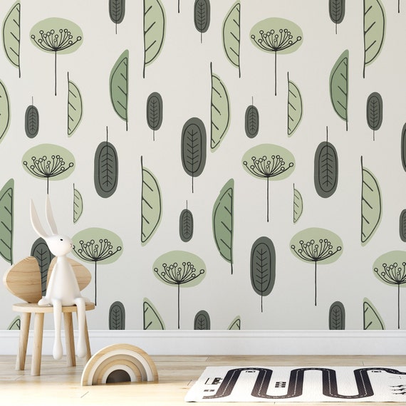 Green Leaves Abstract Wallpaper, Pastel Wallpaper for Kids, Forest Nursery Simple Wall Decoration