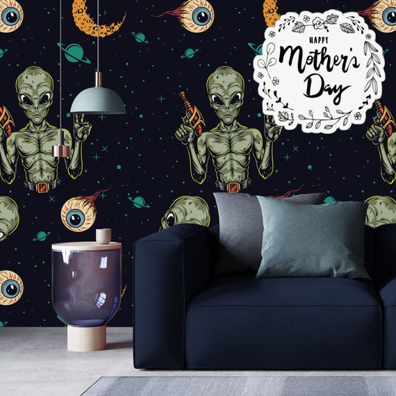 Alien Wallpaper for Space Decor, Kid's Room Aliens Wall Art with Blue Background