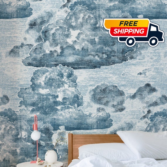 Vintage Style Cloud Wallpaper, Light Blue Sky Wall art, Boutique Wall Decor
