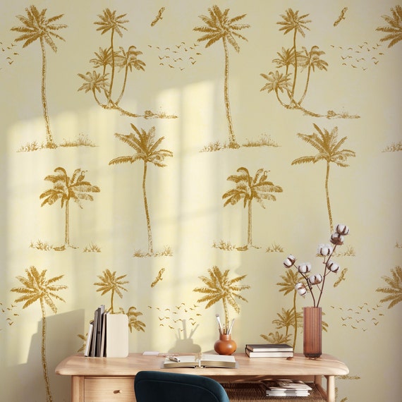 Art Deco Wallpaper with Palms and Birds - Beige and Yellow - Elegant Embroidered Design