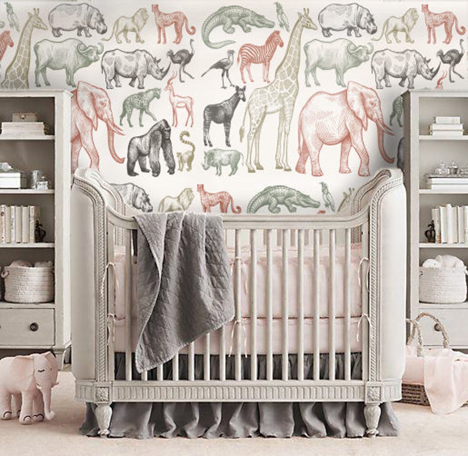 Wild Animal Nursery Wallpaper Neutral Tones Kids Room Decor Etsy