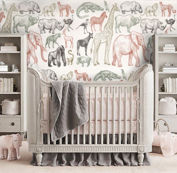 Wild Animal Nursery Wallpaper, Neutral Tones Kids Room Decor, Shabby Chic Boho Wall Art