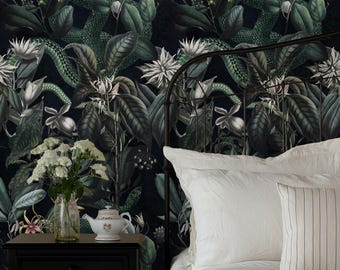 Dark Botanical Wallpaper | Serpentine Snake Design | Luxurious Gothic Floral Pattern | Eco-Friendly Paper Decor