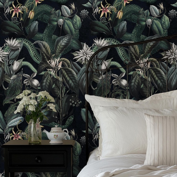 Dark Botanical Wallpaper | Serpentine Design | Luxurious Gothic Floral Pattern | Eco-Friendly & Removable Decor