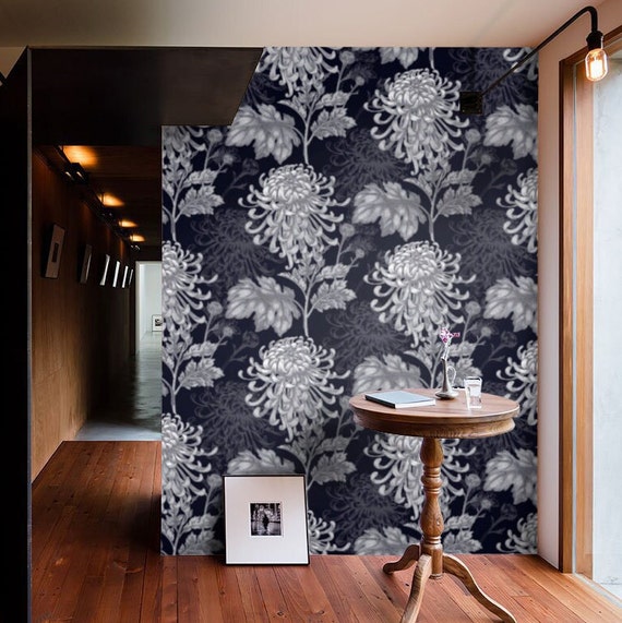 Asian Wallpaper with Chrysanthemum Floral in Blue and White, Feng Shui for Living Room Decor