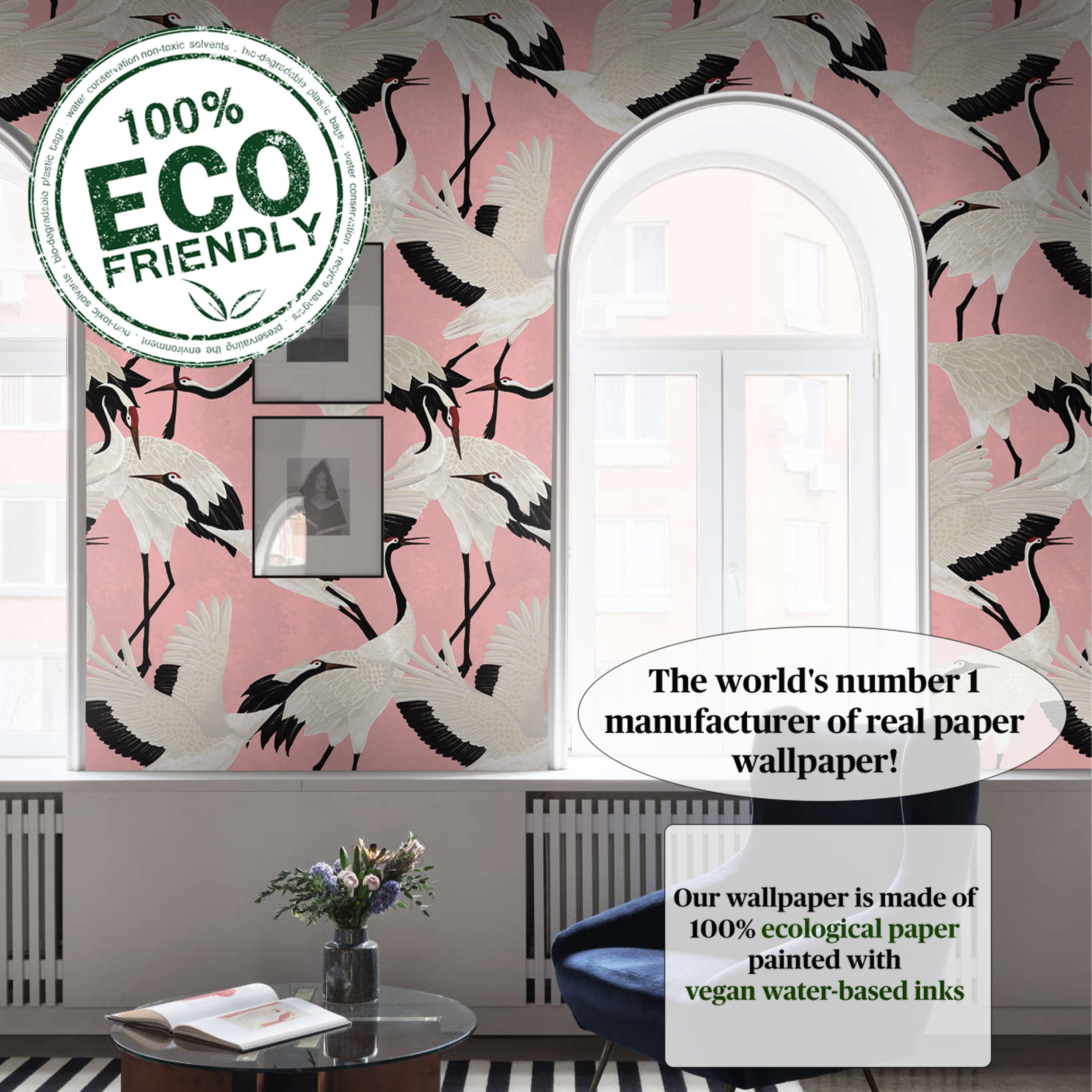Pink Heron Print Wallpaper, Luxury Wallpaper with Asian Birds