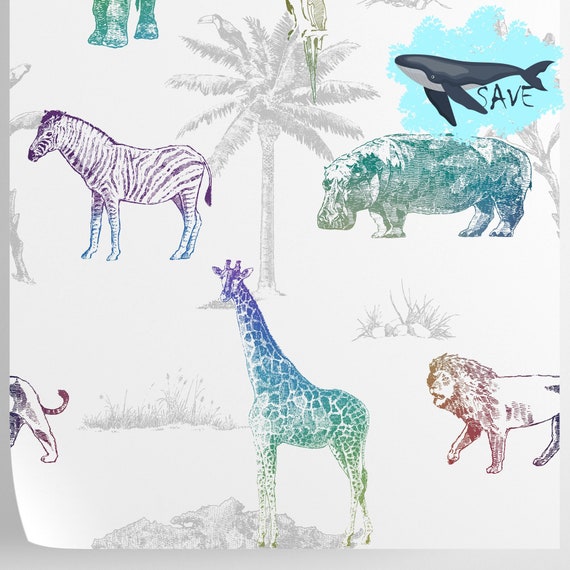 Mural Rainbow Safari Wallpaper with Wild Animals, Lion Elephant Giraffe Watercolor animal Nursery Wall Decor,