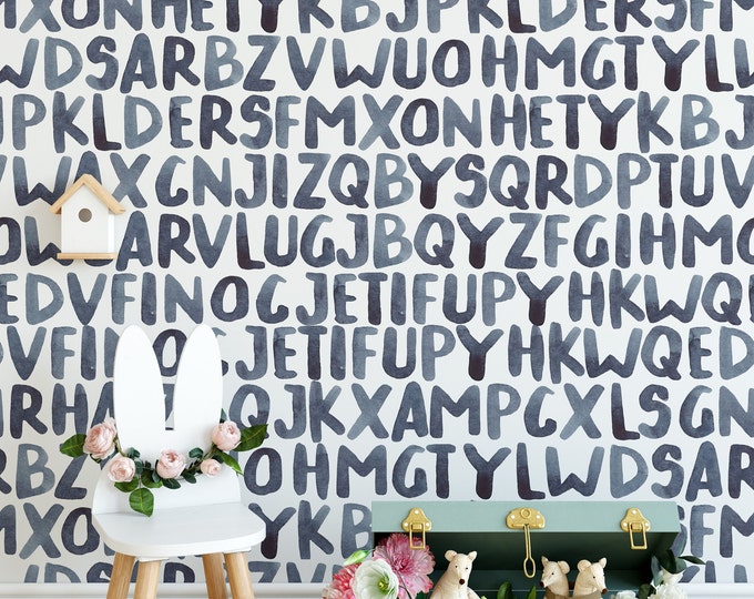 Watercolor Letters Alphabet Wallpaper for Kids Room | Hand-Painted Nursery Decor, Playful Letter Design