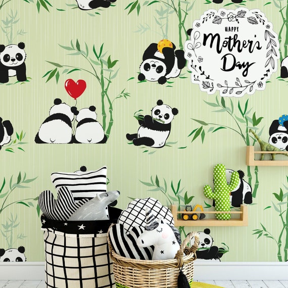 Kids Room Wallpaper with Cute Pandas and Bamboo Trees, Panda Wall Art