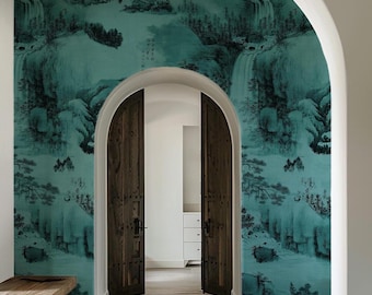 Jade Green Oriental Wallpaper – Classic Ink Mountain Scene Mural, Elegant Nature Wall Decor for Living Room & Bedroom