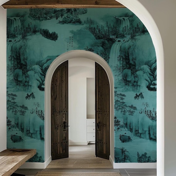 Jade Green Oriental Wallpaper – Classic Ink Mountain Scene Mural, Elegant Nature Wall Decor for Living Room & Bedroom