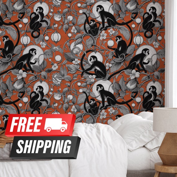 Playful Monkeys and Lanterns Wallpaper in black and white - Whimsical Jungle Theme - WALLPAPERS4BEGINNERS