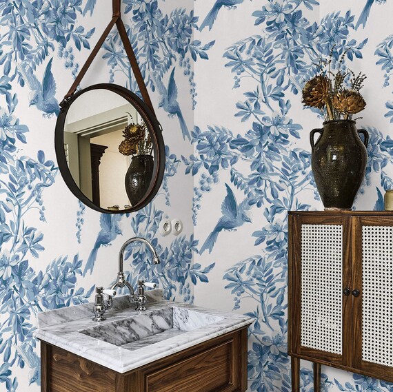 Serene Blue and White Bucolic Branches with Birds Wallpaper - Nature-Inspired Wall Decor for a Peaceful and Charming Ambiance