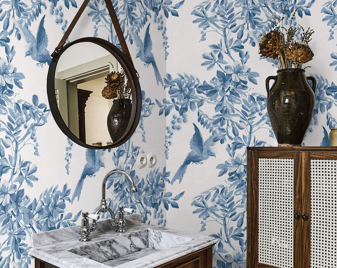 Serene Blue and White Bucolic Branches with Birds Wallpaper - Nature-Inspired Wall Decor for a Peaceful and Charming Ambiance