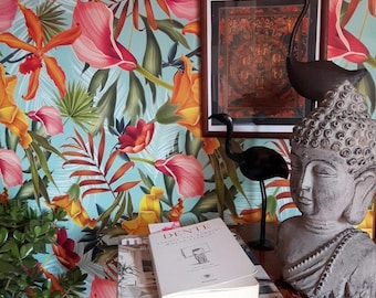 Tiki Decor Hawaiian Wallpaper, Balinese Floral for Boho Decor,  Tropical Print indian bali Wall Art