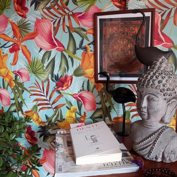 Tiki Decor Hawaiian Wallpaper, Balinese Floral for Boho Decor,  Tropical Print indian bali Wall Art