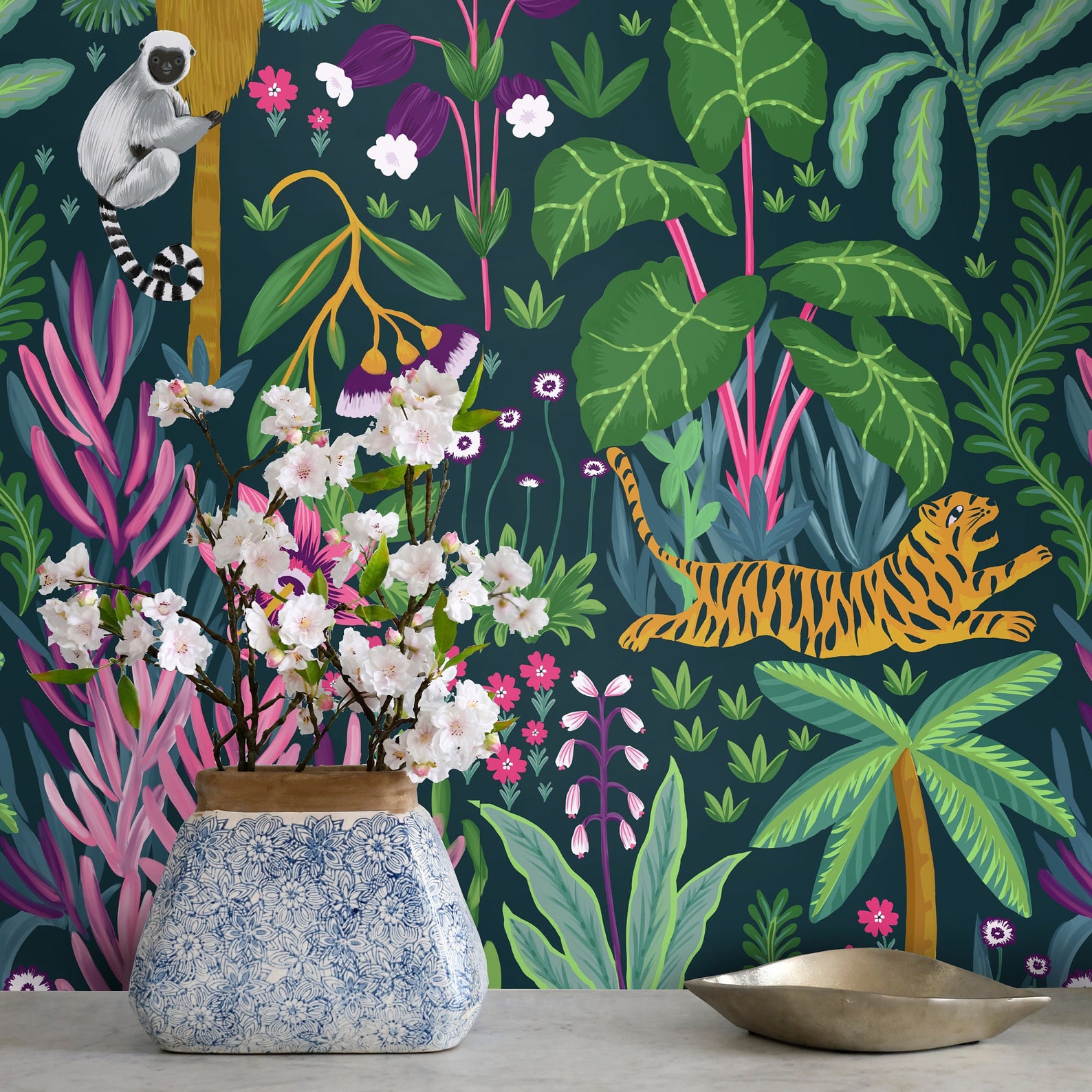 Image of Carta da Parati Giungla Tropicale con Scimmie e Tigre Carta Vegana 250x200cm 5,5mq