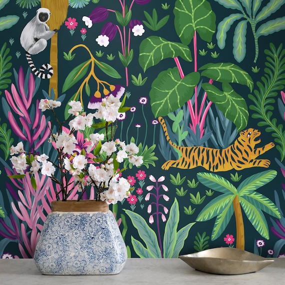 Tropical Dark Jungle Wallpaper, Whimsical Tiger Painting Dark Boho decor
