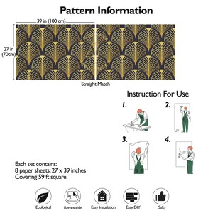May include: A black and gold geometric wallpaper pattern with a repeating design of stylized leaves. The wallpaper is 27 inches by 39 inches and covers 59 square feet. The pattern is a straight match, meaning the edges of the sheets line up perfectly.