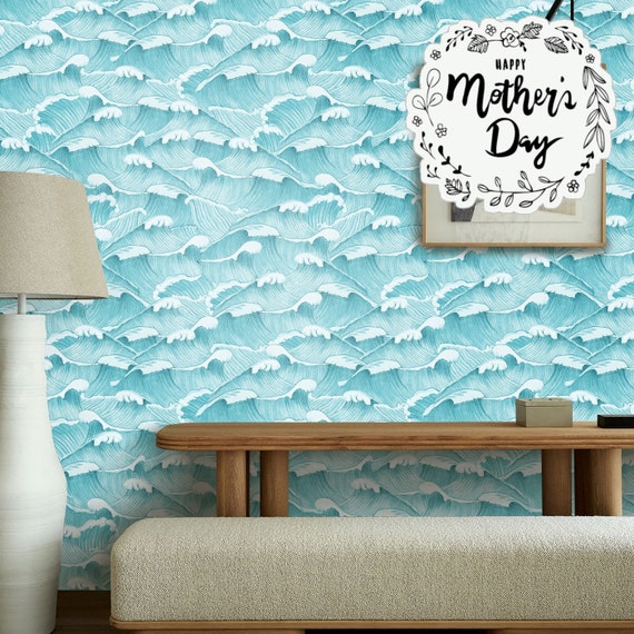 Open Ocean Waves Wallpaper, Sea Hand Drawn Etching Wall Mural, Whimsical Marine Wallpaper