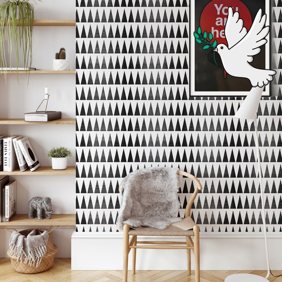 Modern Boho Scandinavian Geometric Wallpaper in Black and White, Entry Minimalist Abstract Wall Decor