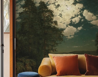 Moonlit Forest Wallpaper – Dramatic Night Scene Mural in Real Paper, Nordic Landscape for Cozy Home Decor