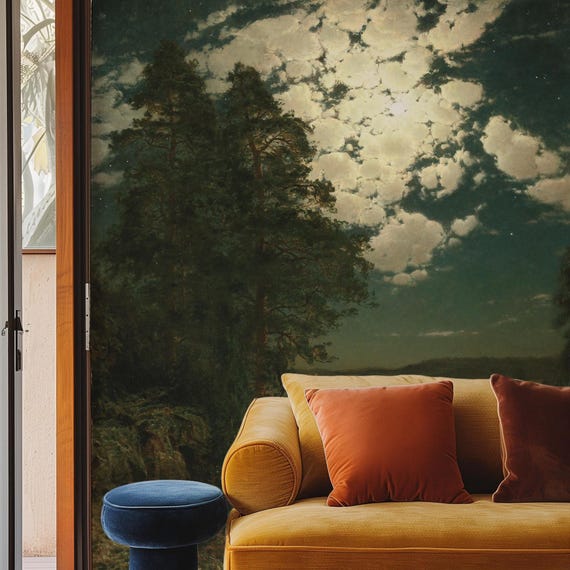 Moonlit Forest Wallpaper – Dramatic Night Scene Mural in Real Paper, Nordic Landscape for Cozy Home Decor