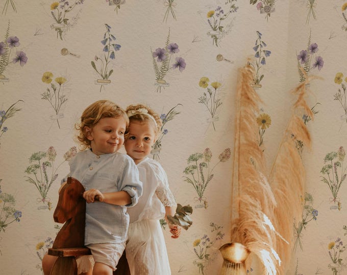 Wild Flowers Wallpaper for Kids Room, Hand Painted Watercolor Spring Field Floral, Delicate Boho Nursery Decor