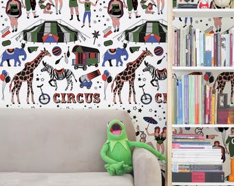 Vintage Circus Wallpaper Mural – Tattoo Style Freak Show, Tent, Acrobats & Animals Wall Decor