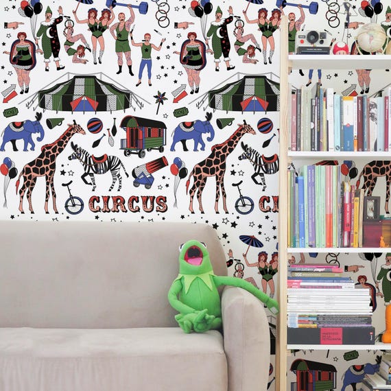 Vintage Circus Wallpaper Mural – Tattoo Style Freak Show, Tent, Acrobats & Animals Wall Decor