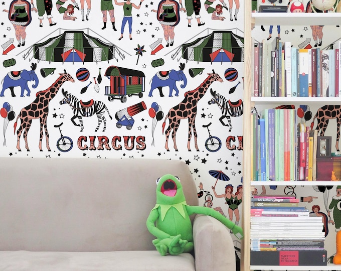 Vintage Circus Wallpaper Mural – Tattoo Style Freak Show, Tent, Acrobats & Animals Wall Decor