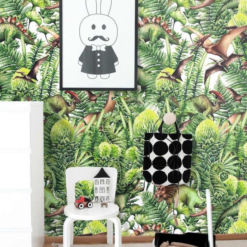 Watercolor Dinosaur Wallpaper for Kids Room, Green Jungle Dino Nursery Wall Decor, Prehistoric Animals Wallpaper image 2