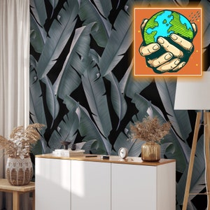 Black Leaves Tropical wallpaper, Palm Print Wall Art for Dark Tropical Decor