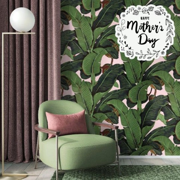 Tropical Bliss: Stunning Banana Leaf Wallpaper on Romantic Pink Background