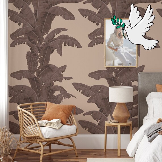 Vertical Brown Banana Leaves on Beige Wallpaper, Tropical Banana Leaves Wallpaper in Brown