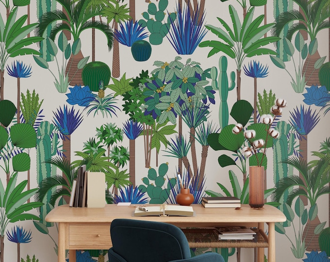Tropical Botanical Wallpaper, Cactus Palm Garden Illustration, Green Blue Exotic Plant Wall Art Eco-Friendly