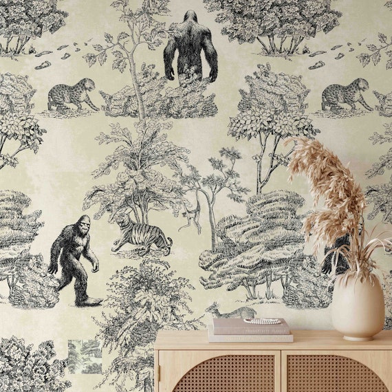 Mystical Bigfoot Toile de Jouy Wallpaper, Enchanted Forest Scenes, Classic Wall Decor with Sasquatch, Yety Wall Art