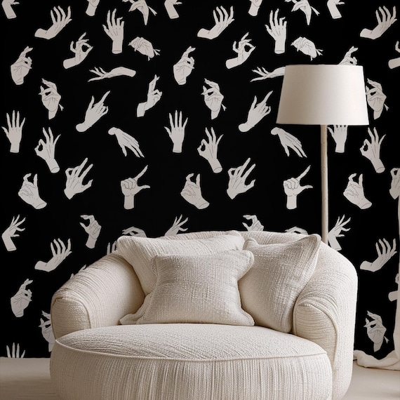 Gothic Hands Wallpaper | Dark Art Sketch Style | Mystical Black and White Decor | Eco-Friendly and Removable