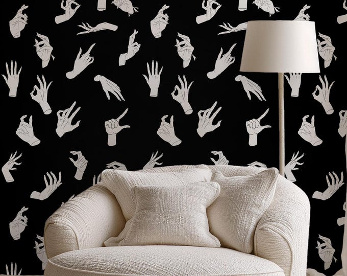 Gothic Hands Wallpaper | Dark Art Sketch Style | Mystical Black and White Decor | Eco-Friendly and Removable