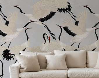 Gray Heron Print Wallpaper, Crane Wallpaper, Removable Wallpaper, Elegant Crane Dance Wallpaper, Graceful Bird Design