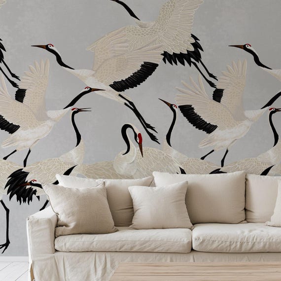 Gray Heron Print Wallpaper, Crane Wallpaper, Removable Wallpaper, Elegant Crane Dance Wallpaper, Graceful Bird Design